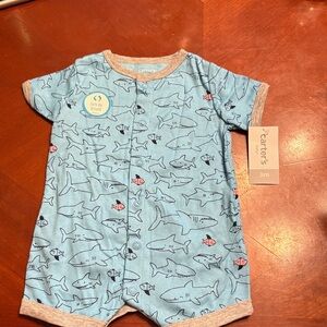 Carter's Light Blue Shark Print Short Sleeve Footie with Pink Fish Accents